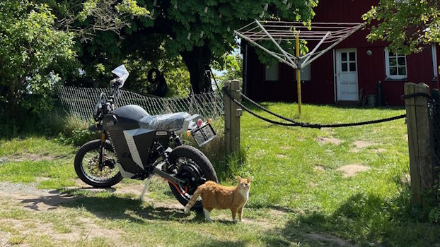 Blog Beitrag. Elektro Motorradtransporte: Elektro-Motorrad steht im sonnigen Garten vor einem roten Haus, daneben eine orangefarbene Katze unter einem großen grünen Baum.